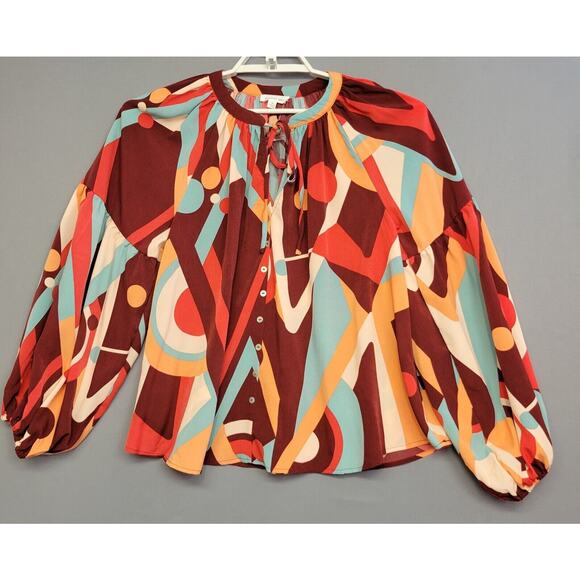 August Sky Tops - August Sky Boho Top Womens M Brown Blue Buttons Tie Neck Balloon Sleeves New